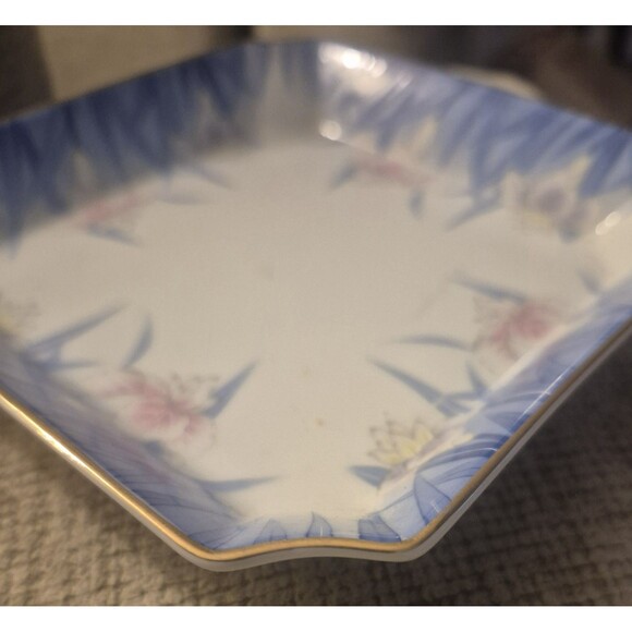 Vtg OMC Otagiri Orchid Tray Trinket Blue Pink Square Gold Trim - Picture 5 of 6